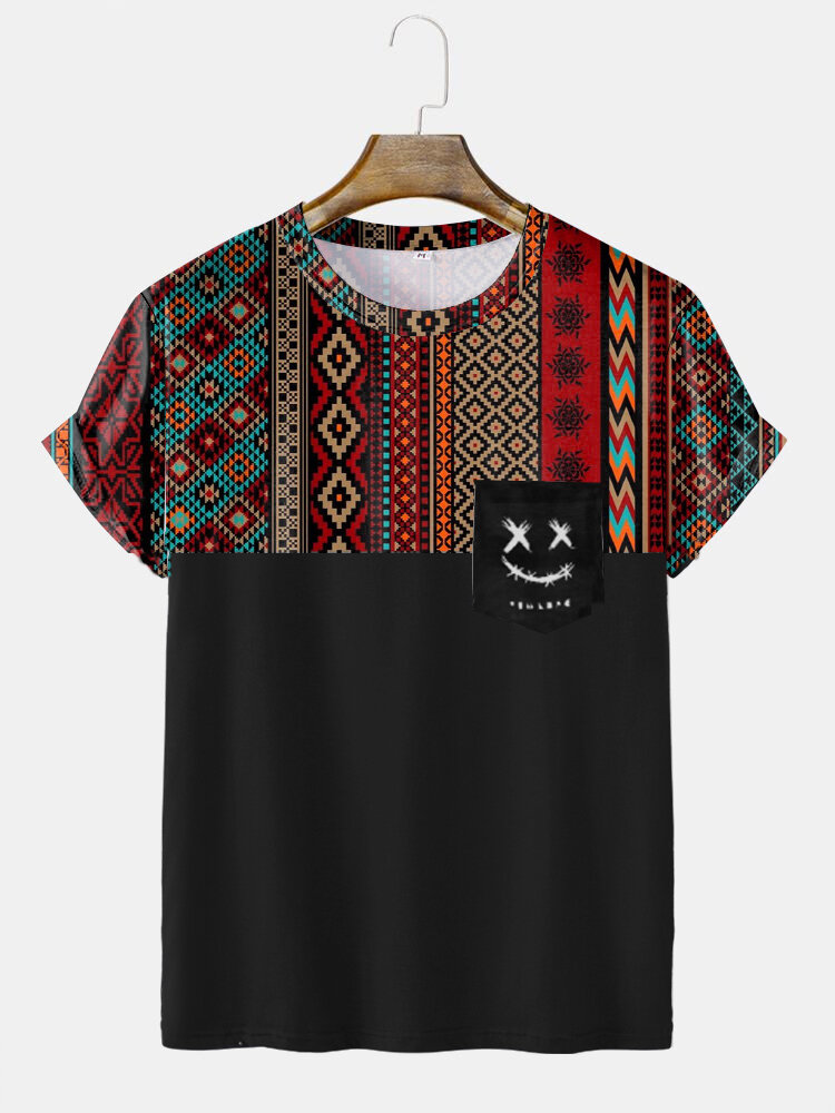 Herren Colorful Ethnische Kurzarm-T-Shirts mit geometrischem, lustigem Gesichtsaufdruck