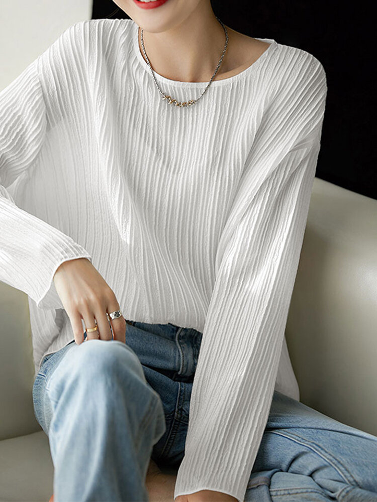 Solid Long Sleeve Pleated Crew Neck Casual T-shirt
