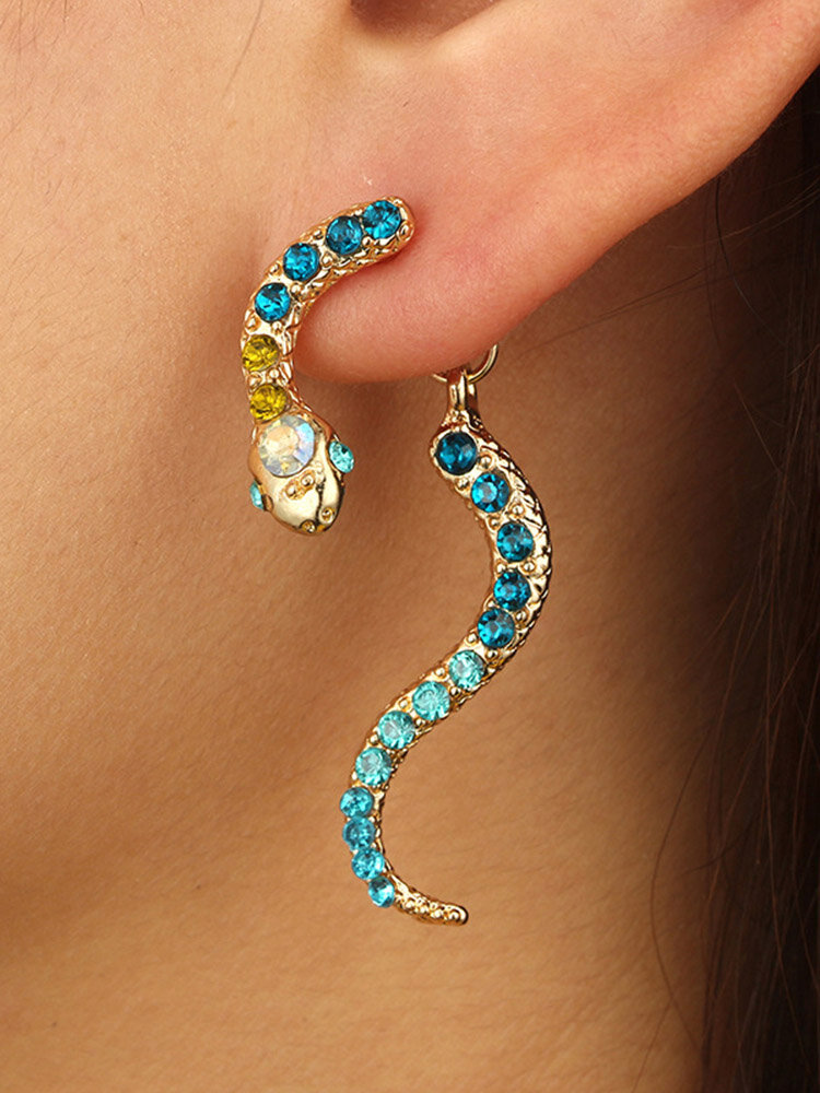Vintage Geometric Snake Blue Rhinestone Earrings Metal Animal Long Pendant Earrings
