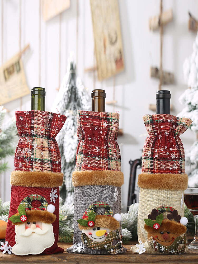 

1 Pc Christmas Plaid Wine Bottle Bag Snowman Red Wine Champagne Christmas Table Decorations, Red;gray;beige