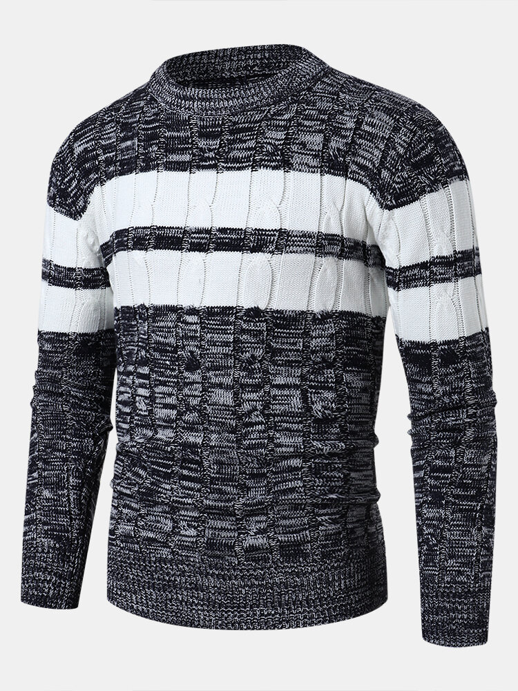 Mens Cable Knit Block Striped Patchwork Crew Neck Casual Pullover Sweaters