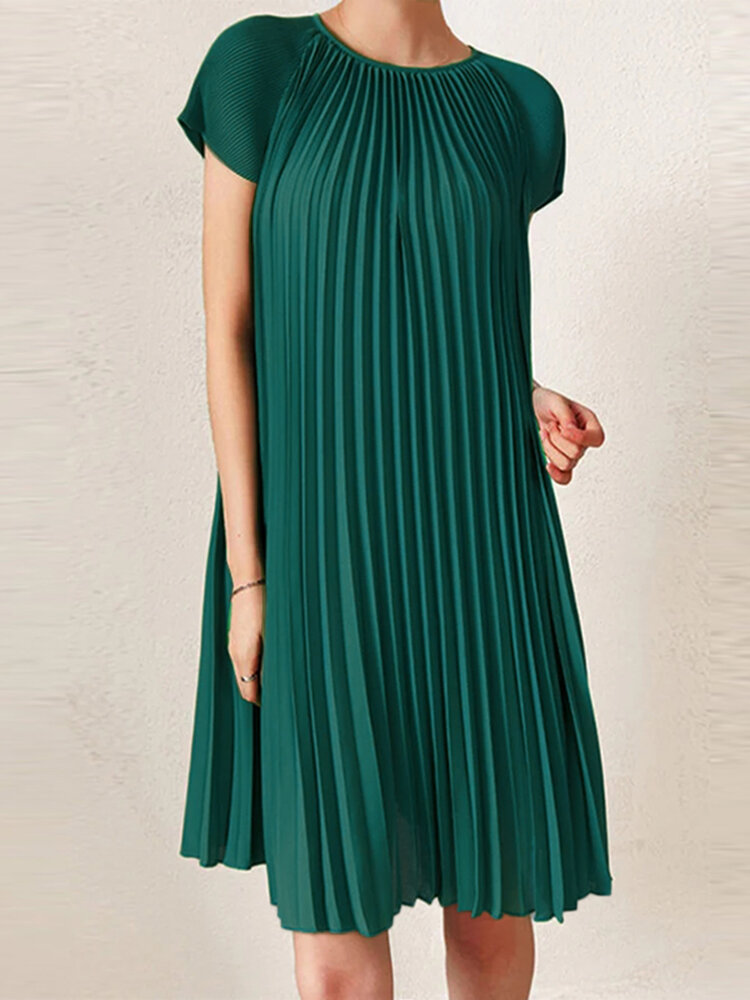 女性ソリッドプリーツクルーネックカジュアル半袖ドレス
