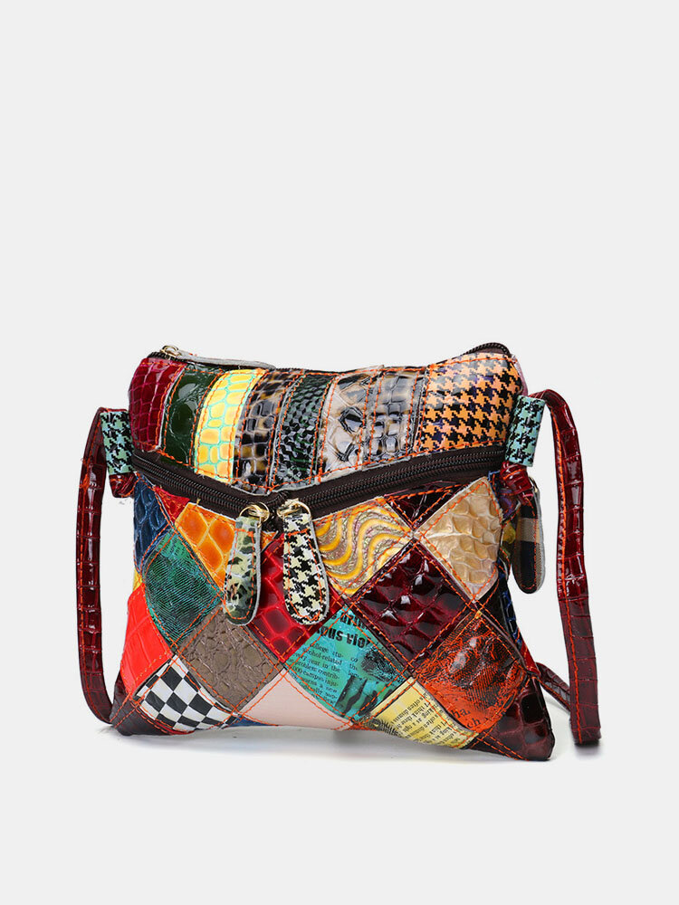 Casual Patchwork Colorful Genuine Leather Crossbody Bag Random Color And Texture Shoulder Bags For Women