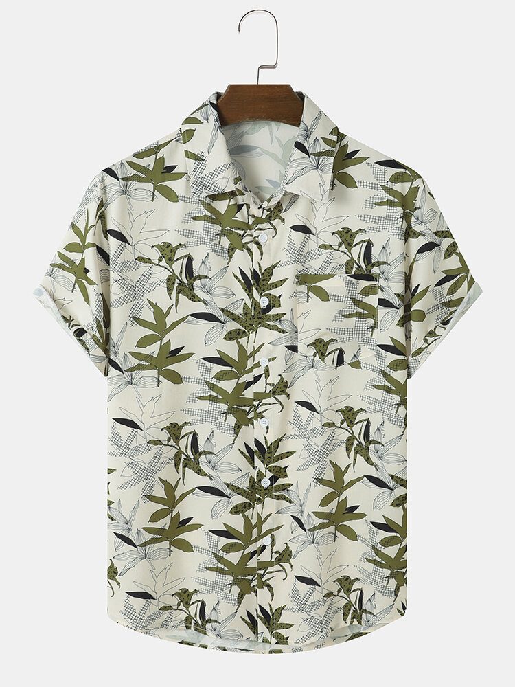 Mens Plant Leaf Printed Holiday Short Sleeve Shirts With Pocket