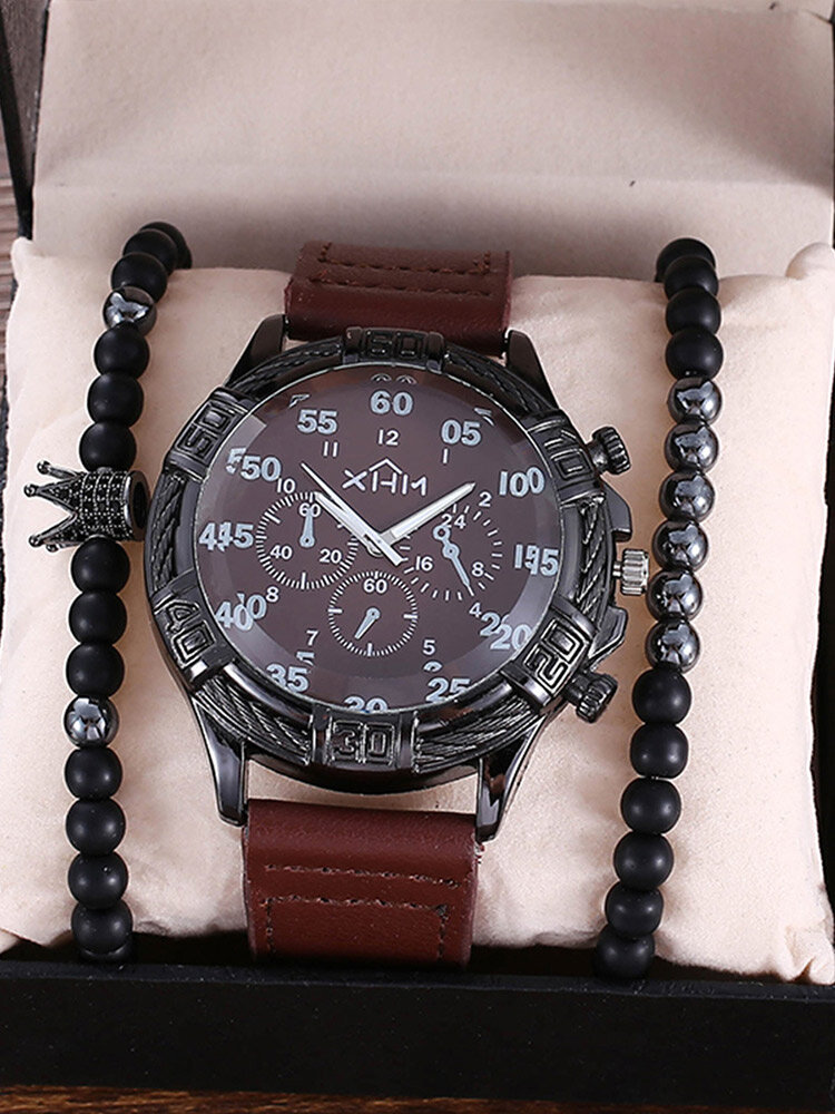 3 Pcs/Set PU Alloy Men Trendy Large Dial Watch Decorated Pointer Quartz Watch Beaded Bracelet Thanksgiving Christmas Gift