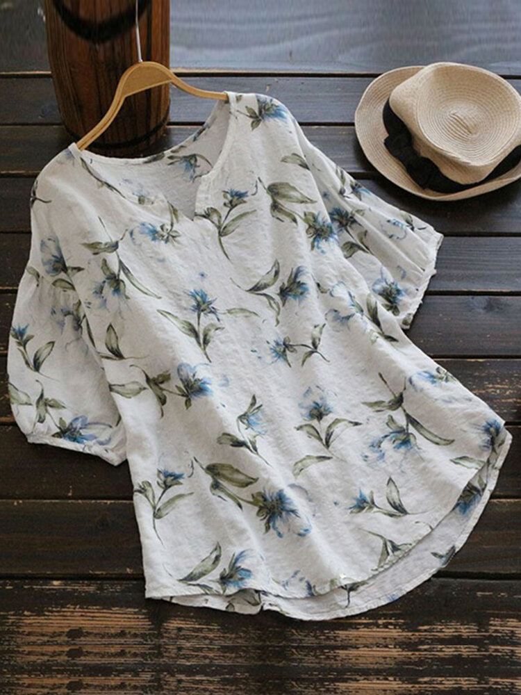 Kurzärmlige Bluse mit V-Ausschnitt und Blumendruck für Damen