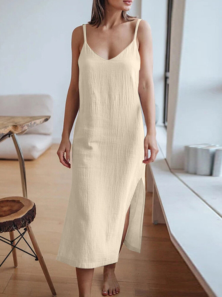 女性ソリッドテクスチャサイドスプリットカジュアルスパゲッティストラップドレス
