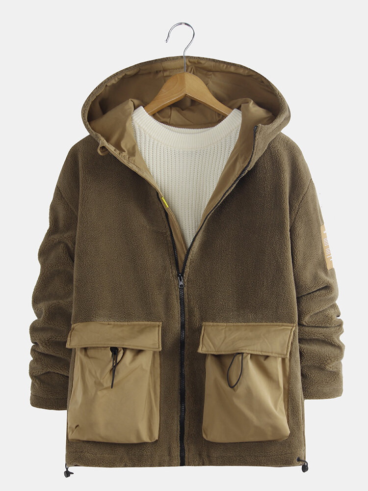 Mens Winter Warm Plain Fleece Long Sleeve Hooded Zipper Jacket