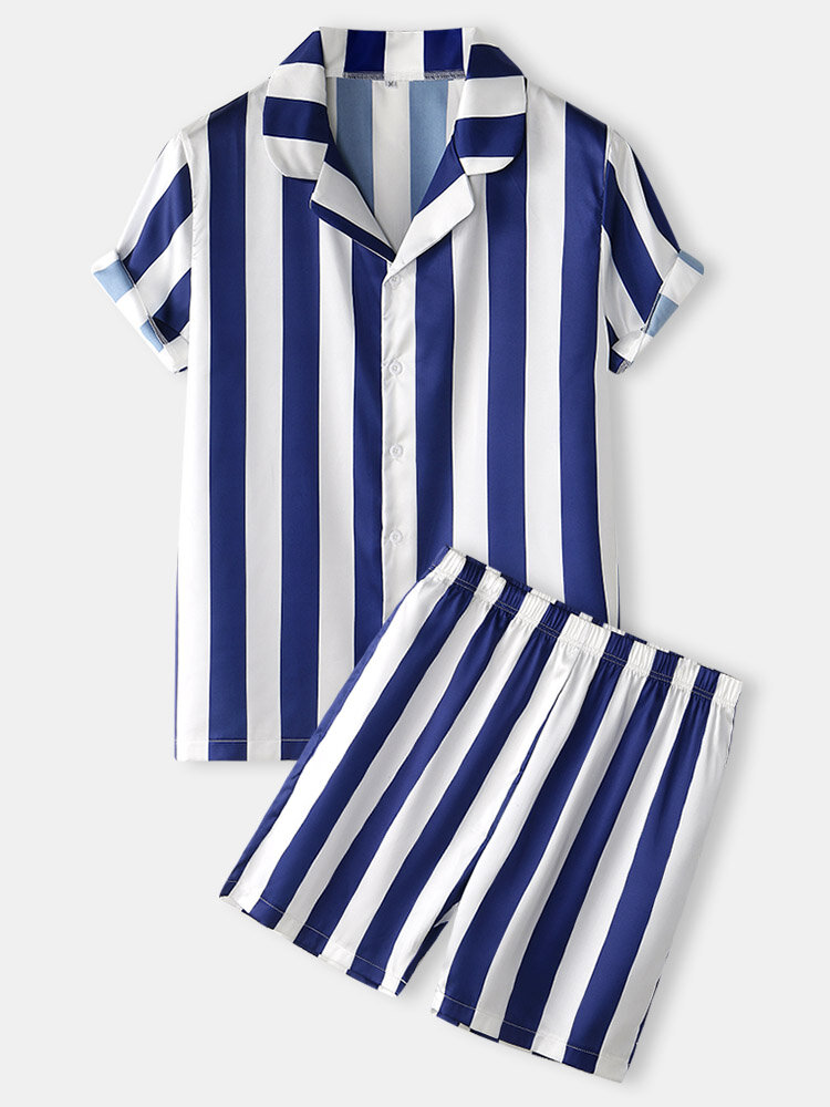 Conjunto de pijama con botones y cuello de reverencia de rayas anchas de satén para hombre Conjuntos de ropa de salón acogedores
