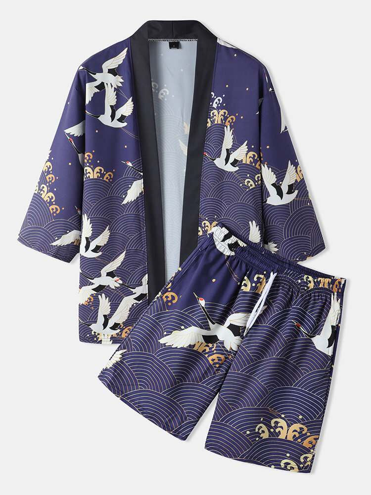 Mens Ethnic Style Crane Print Open Front Kimono Casual Two Pieces Outfits