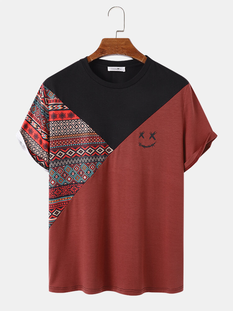 Mens Geometric & Smile Face Print Patchwork Short Sleeve T-Shirts