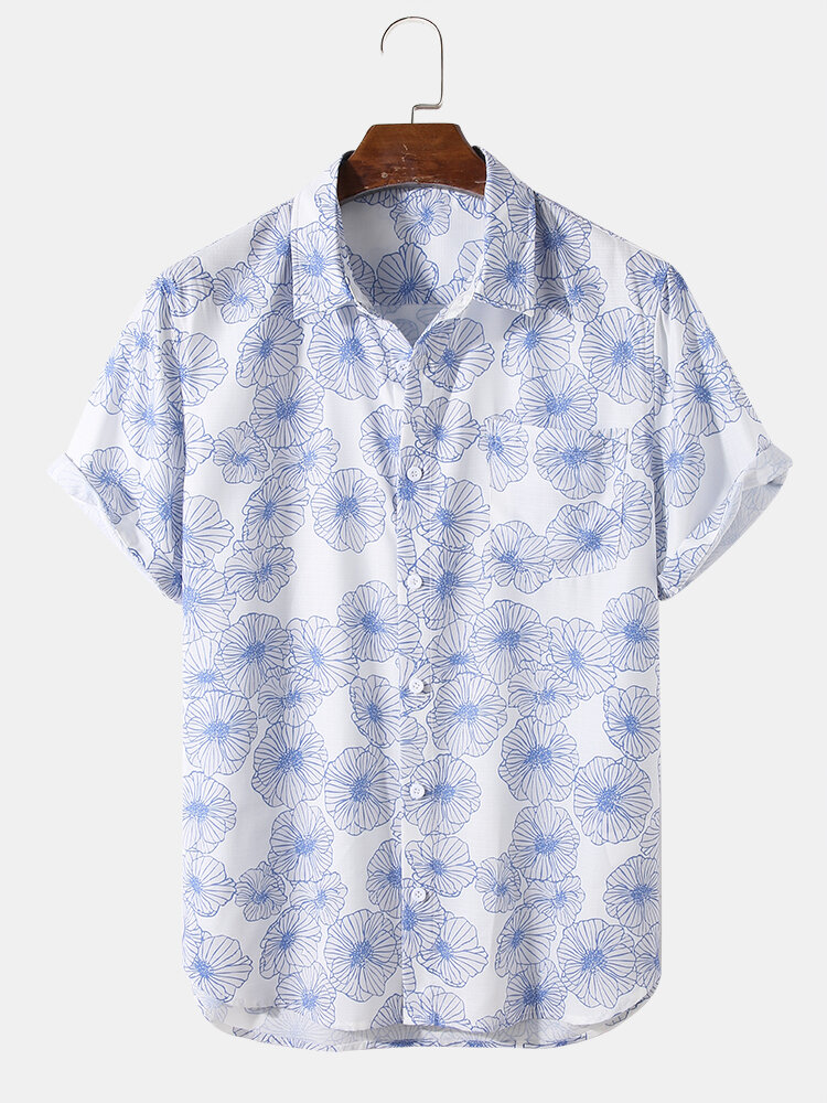 Mens Allover Floral Print Chest Pocket Turn Down Collar Short Sleeve Hawaii Shirts
