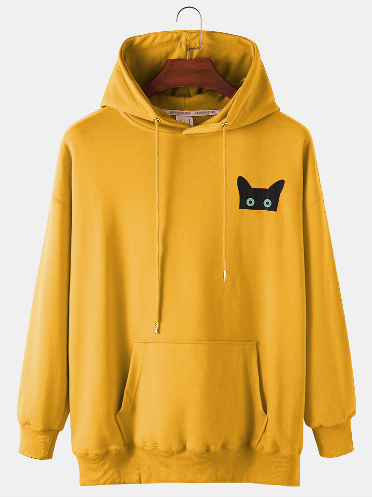 Mens Cotton Cartoon Cat Print Loose Drawstring Hoodies With Pouch Pocket