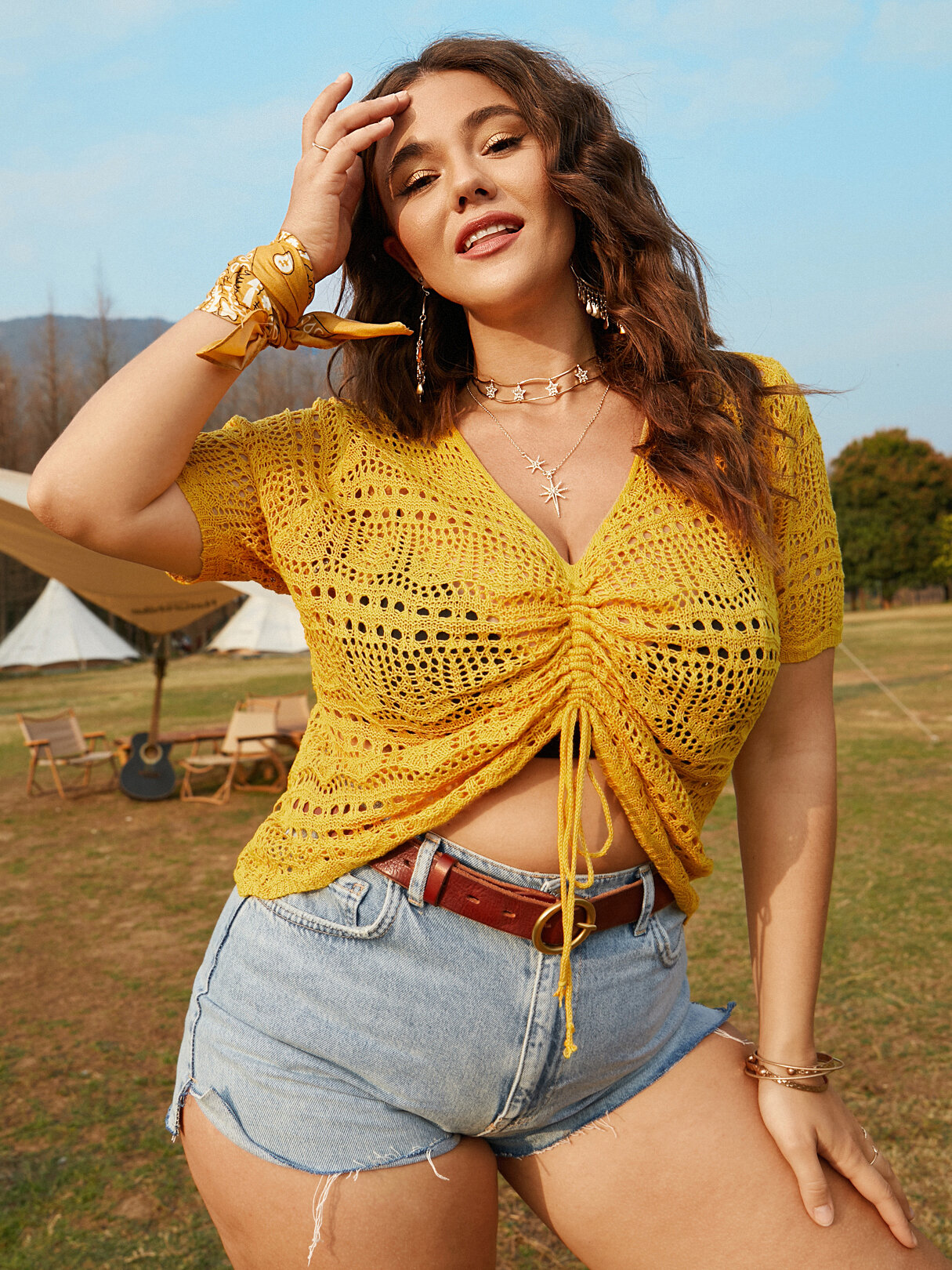 Plus Size Yellow V-neck Drawstring Short Sleeves Cover-Up