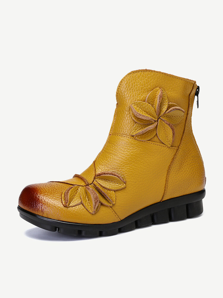 Women Handmade Flowers Soft Leather Round Toe Warm Zipper Boots