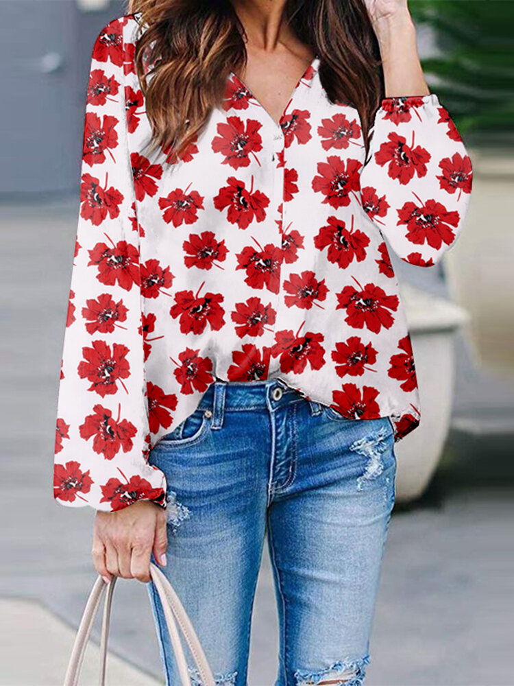 Damen-Bluse mit Allover-Blumendruck, V-Ausschnitt, Urlaubs-Langarmbluse