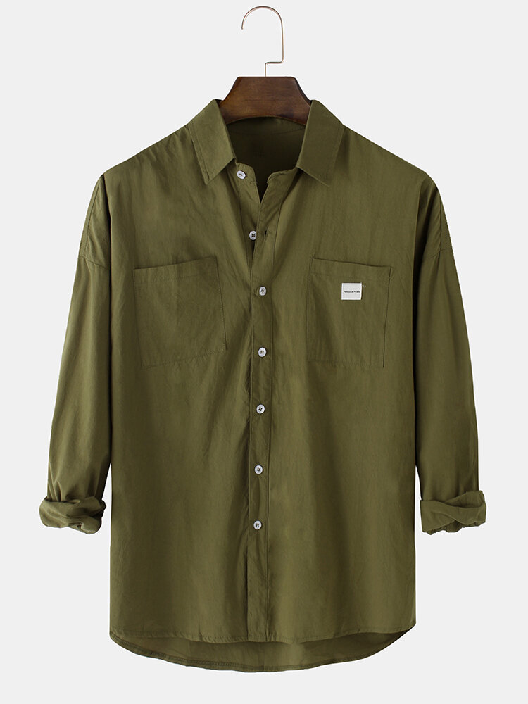 Mens Solid Color Double Pocket Lapel High Low Hem Long Sleeve Shirts