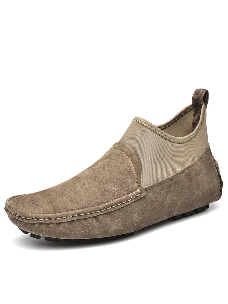 Men Genuine Pig-skin Leather Comfort Elastic Textile Slip On Casual Shoes