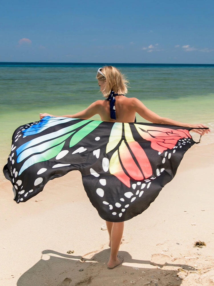 Women Butterfly Print Shape Beach Dress Swimwear Cover Up