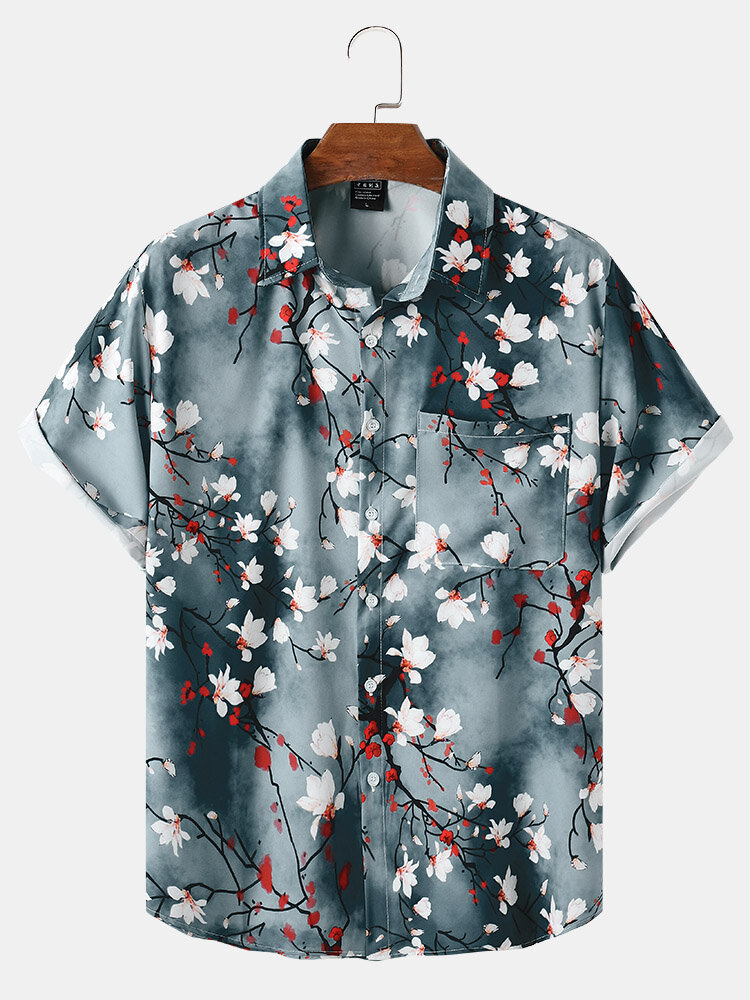 Mens Floral Pattern Gradient Lapel Short Sleeve Street Shirt