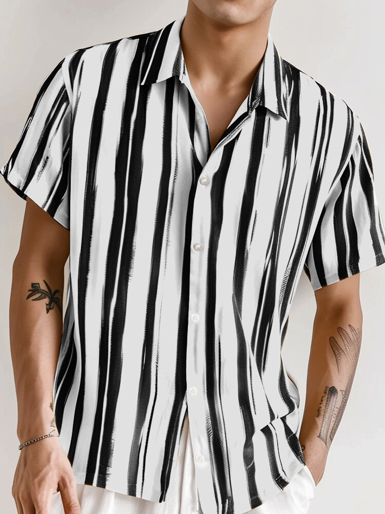 Mens Striped Contrasting Colors Casual Short Sleeve Shirts