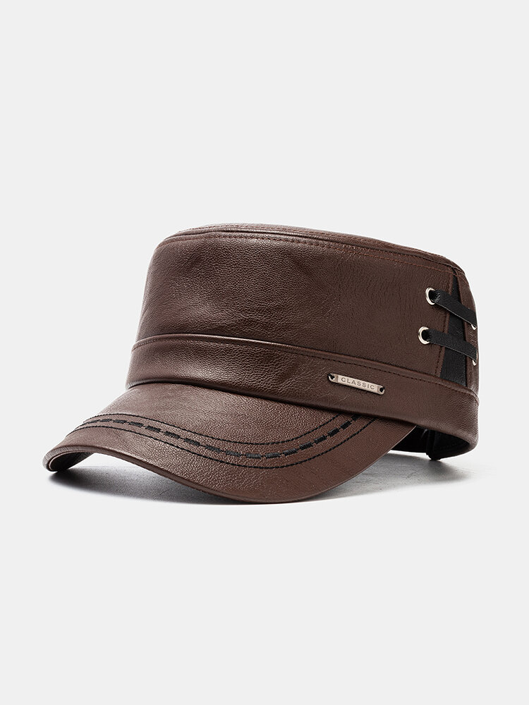 Men's Leather Flat Hats Casual With Knit Hats Warm Hats