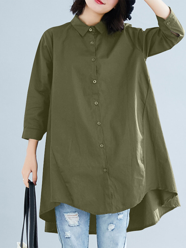 Solid Button High-Low Hem Lapel Loose Casual Shirt