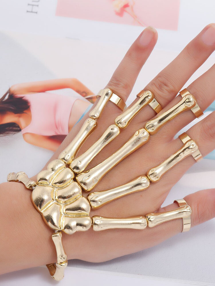 Halloween Trendy Punk Skeleton Hand Bone Shape Adjustable Alloy Five Finger Ring Bracelet