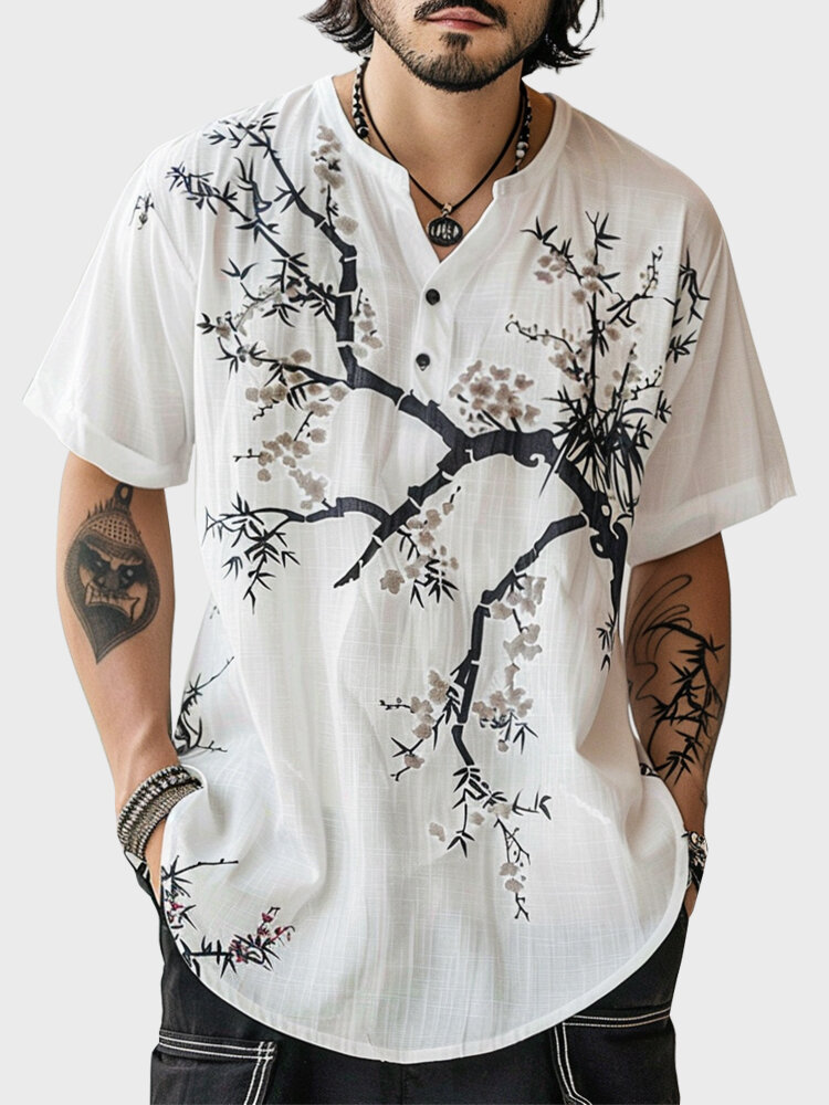 Mens Chinese Ink Floral Print Button Design Short Sleeve T-Shirts