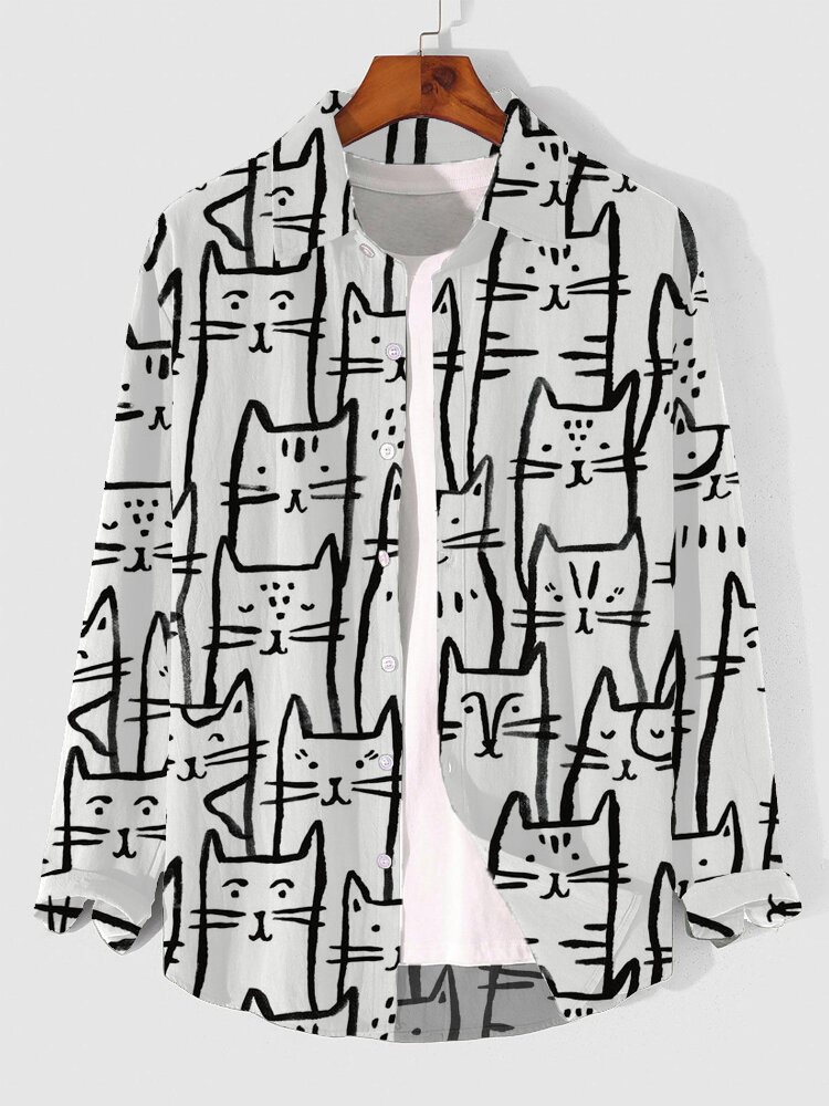 Mens Allover Cartoon Cat Print Casual Long Sleeve Shirts Winter