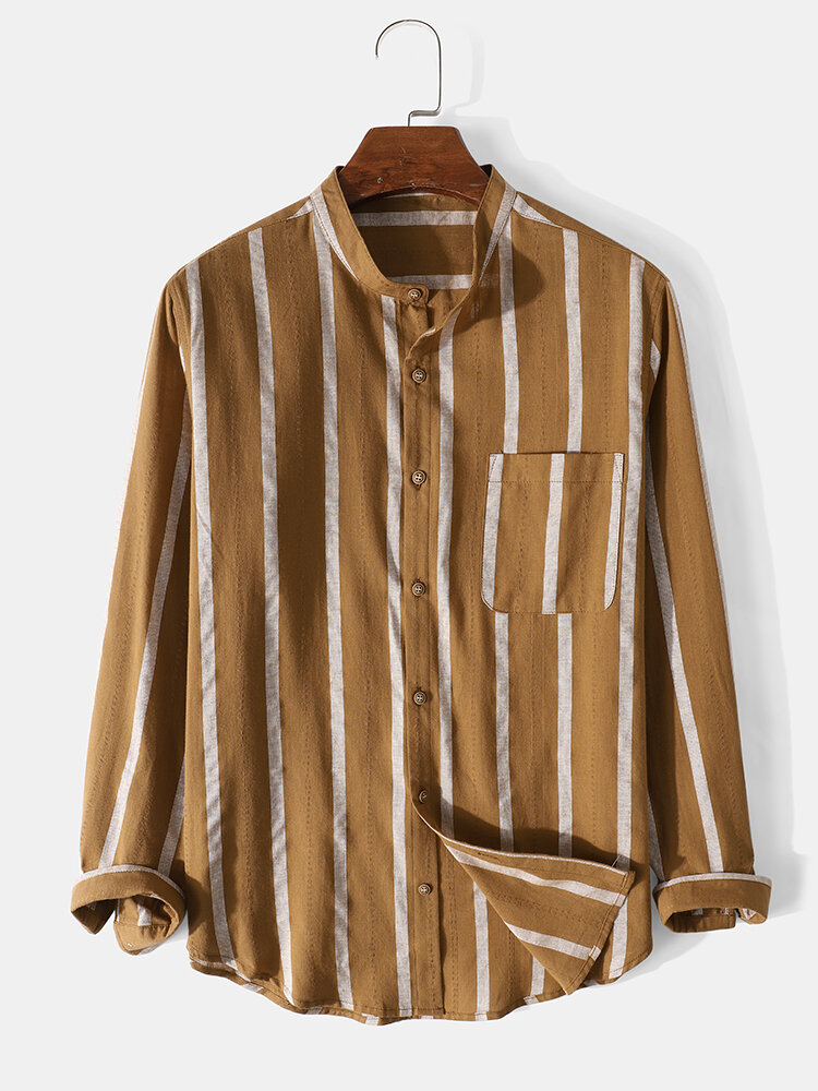Mens 100% Cotton Vertical Striped Stand Collar Casual Long Sleeve Shirts