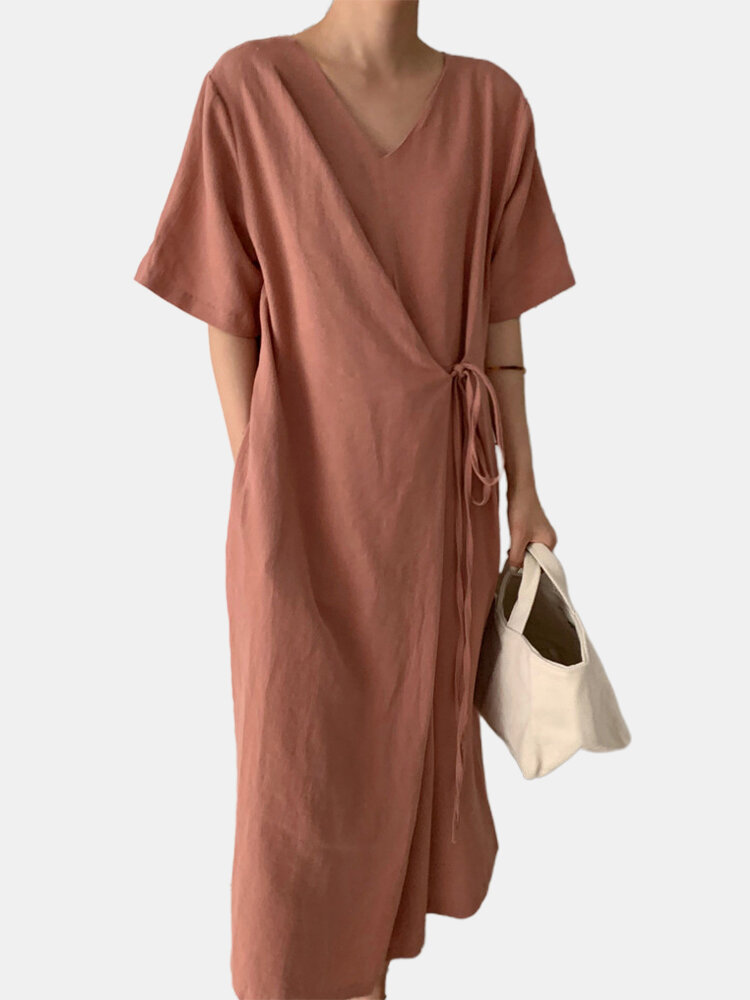 

Solid Color Bandage Short Sleeve Casual Maxi Dress For Women, Navy;apricot;rust red