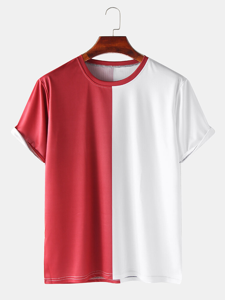Mens Colorblock Breathable & Thin Casual Round Neck T-Shirts