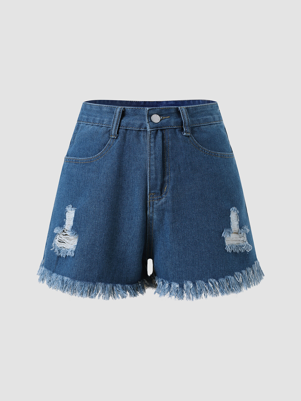 

Frayed Hem Ripped High Waist Pocket Denim Shorts, Blue