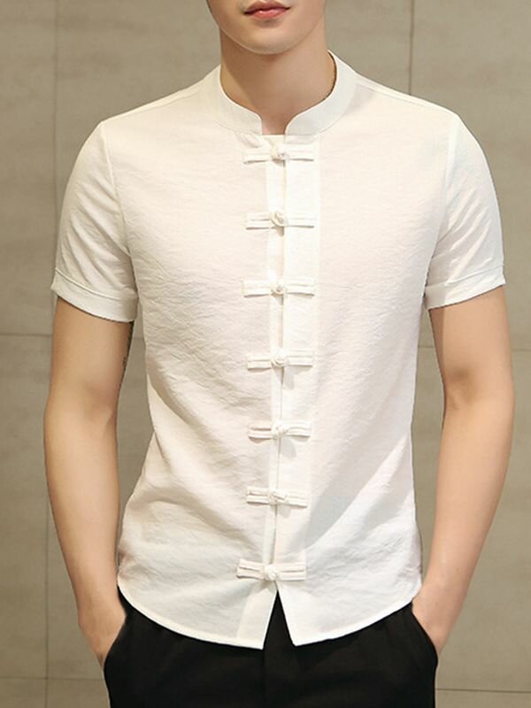 Mens Retro Button Linen Short Sleeve Shirts