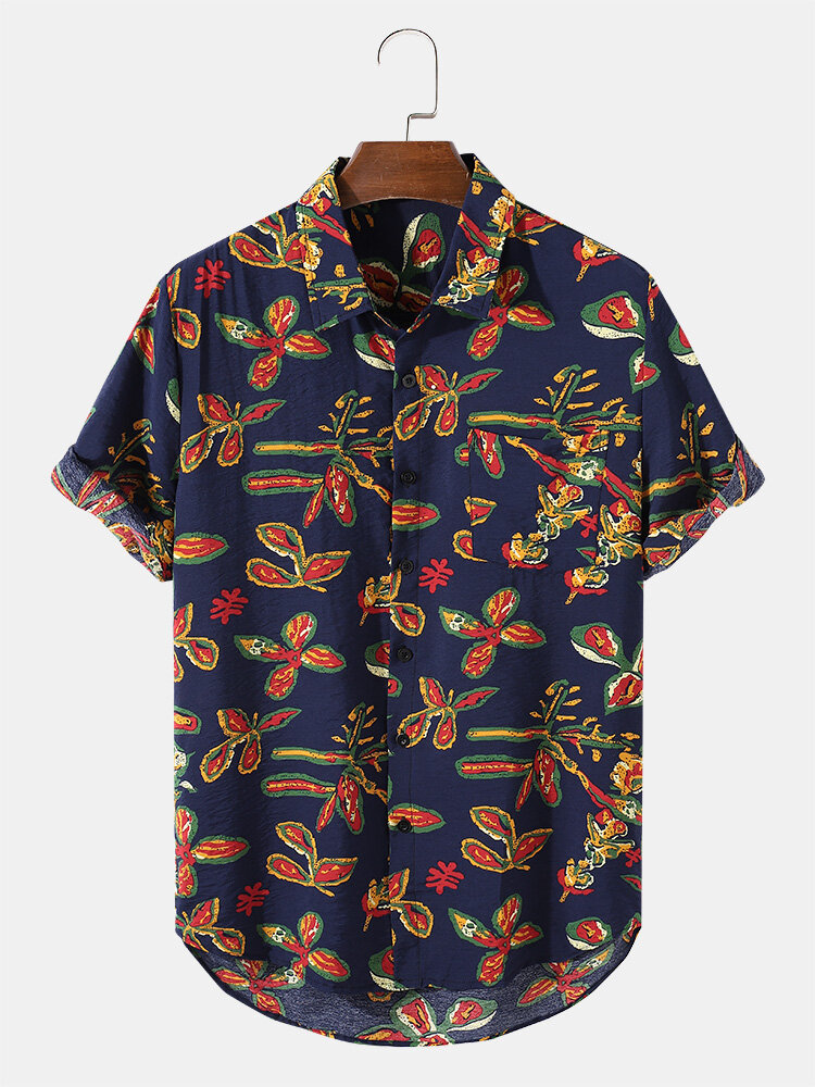 Mens Colored Flower Print Button Up Holiday Short Sleeve Shirts