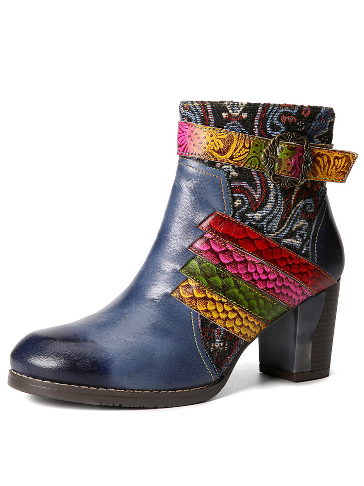Socofy Casual Retro Handmade Color Block Animal Print Leather Side-zip Chunky Heel Short Boots
