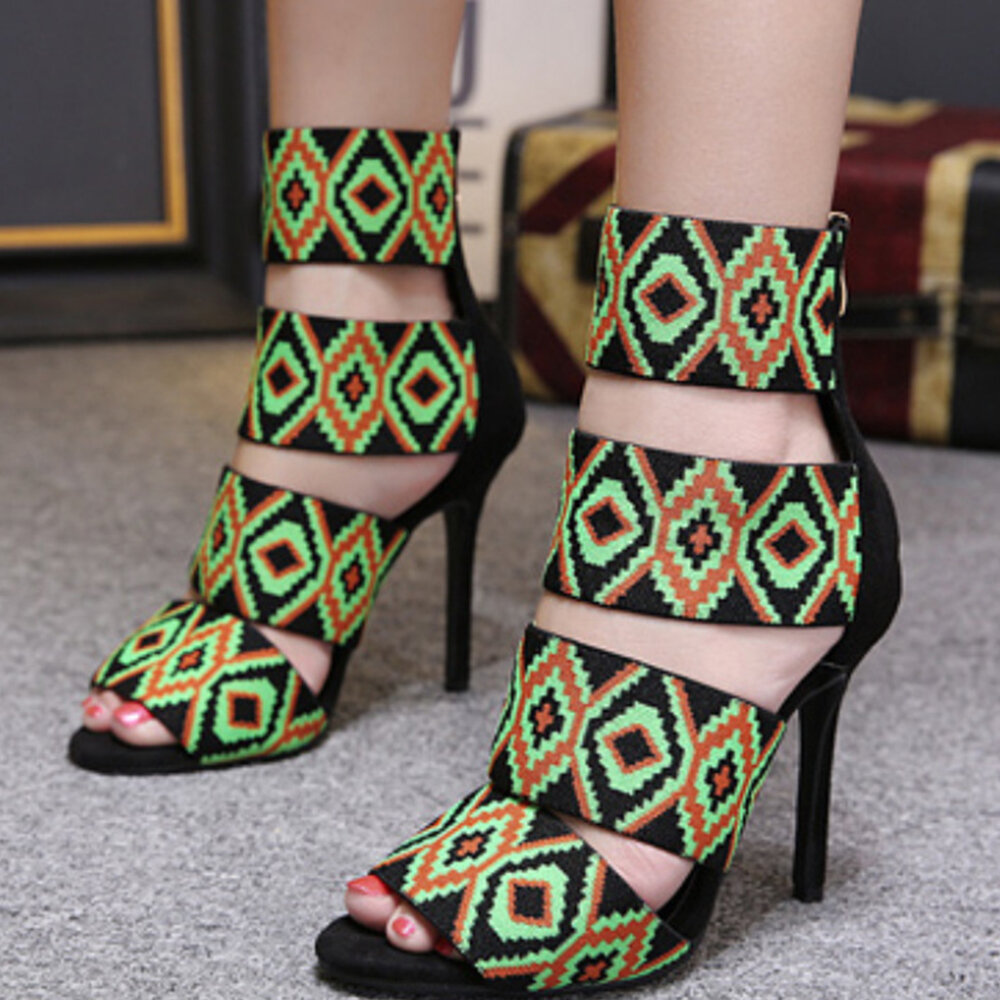 

Women Peep Toe Rhombic Patterns Decor Zippers Fine Heels, Black;orange