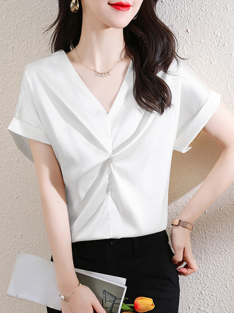 Satin Solid Twisted Rolled Short Sleeve V-neck Women Blouse
