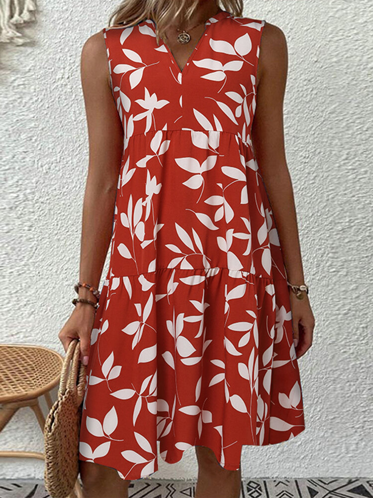 Women Allover Leaf Print V-Neck Tiered Sleeveless Dress