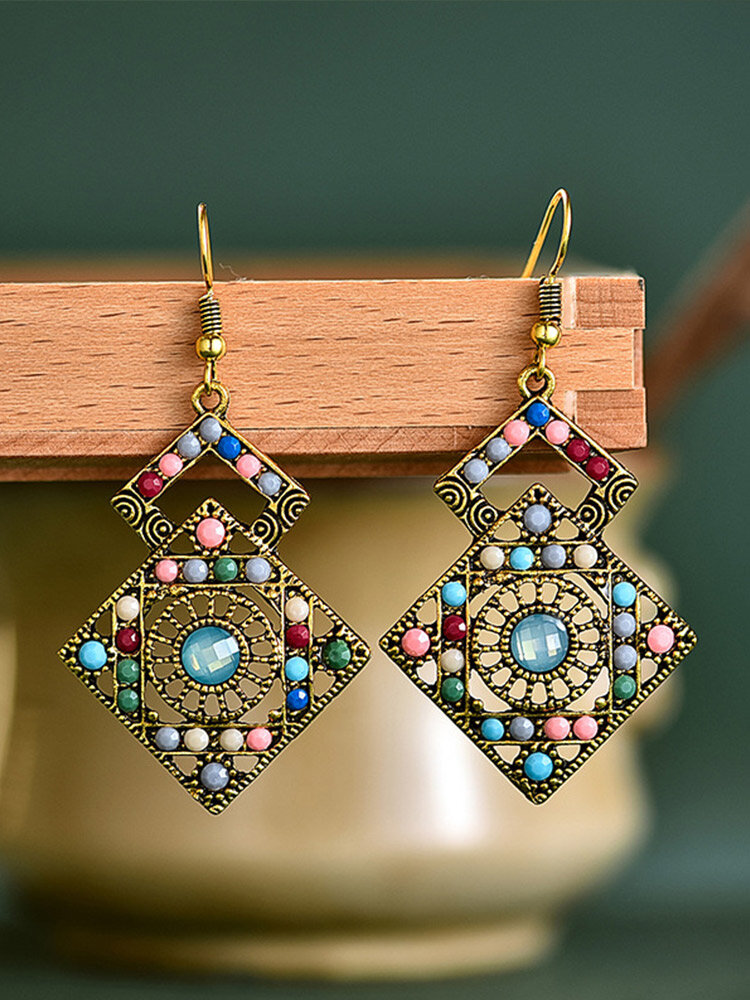 Vintage Hollow Geometric Rhombus Shape Inlaid Colorful Rice Beads Alloy Resin Earrings