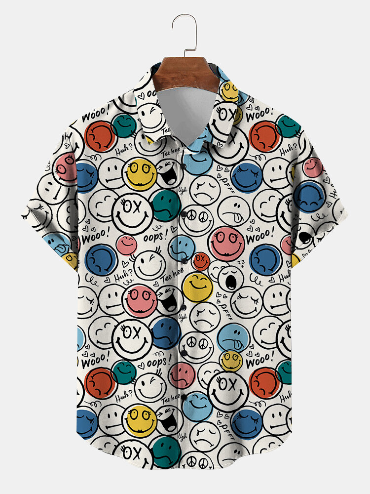 Camisas masculinas de manga curta com estampa de rosto sorridente e estampa de desenho animado masculino