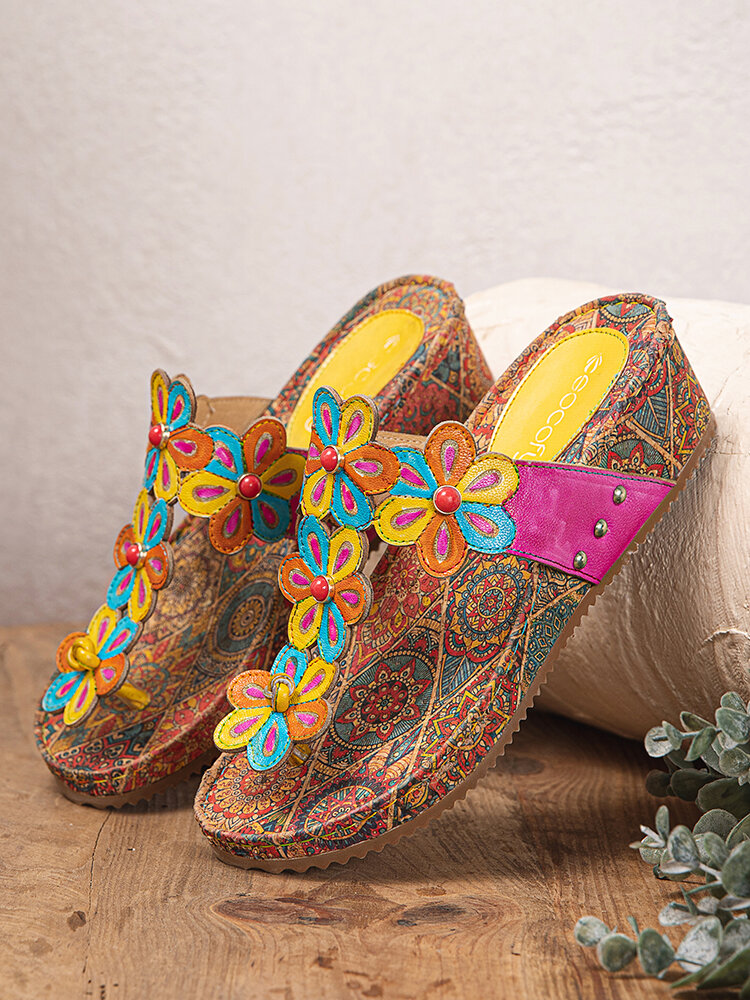 

Socofy Genuine Leather Handmade Comfy Summer Vacation Bohemian Ethnic Colorful Floral Decor Flip-Flop Wedges Sandals, Multicolor