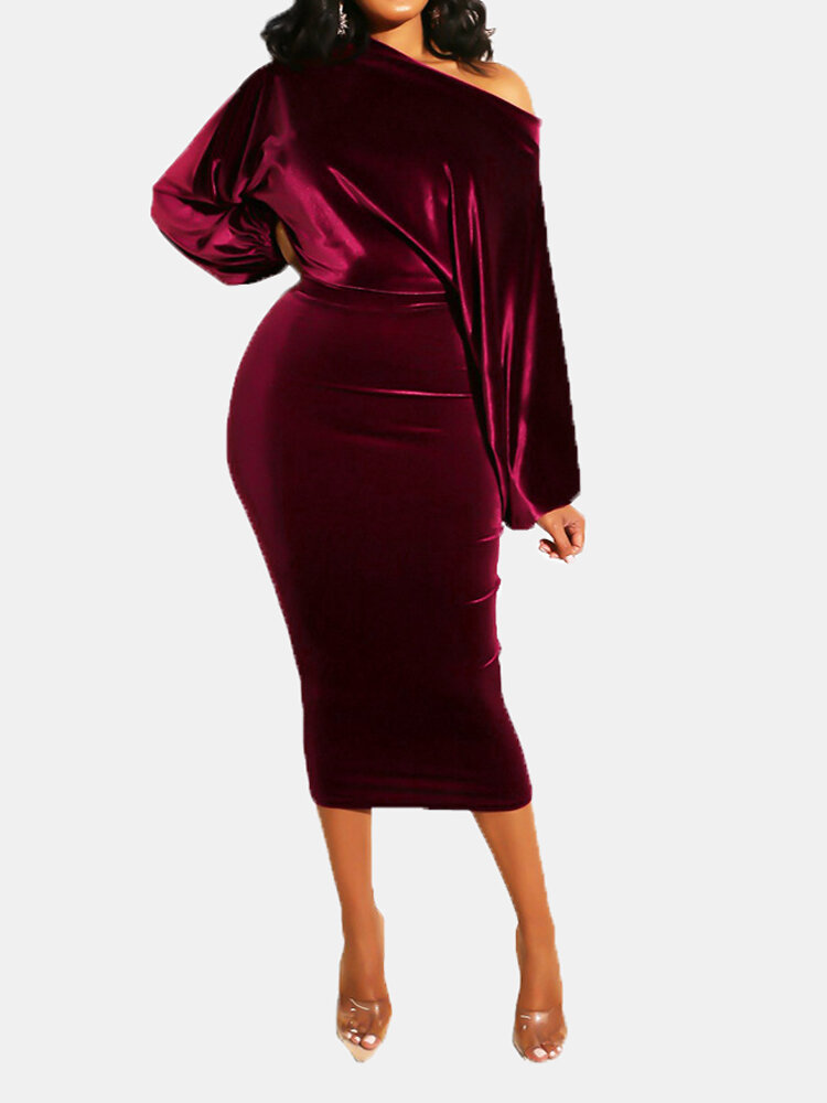

Velvets Solid Color Cold Shoulder Lantern Sleeve Dress for Women, Wine red;purple;blue;green;coffee