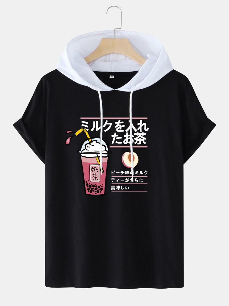 

Mens Milk Tea Print Japanese Style Short Sleeve Hooded T-Shirts, White;black