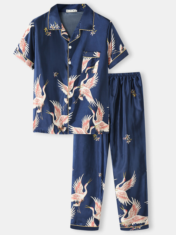 Mens Crane Print Revere Collar Faux Silk Cozy Short Sleeve Pajamas Sets