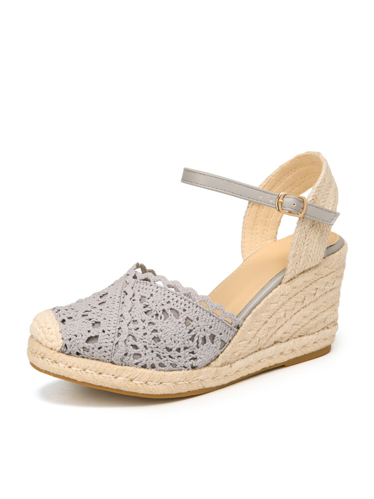 

Women Casual Breathable Lace Closed Toe Buckle Comfy Espadrille Wedges, Black;white;gray;khaki