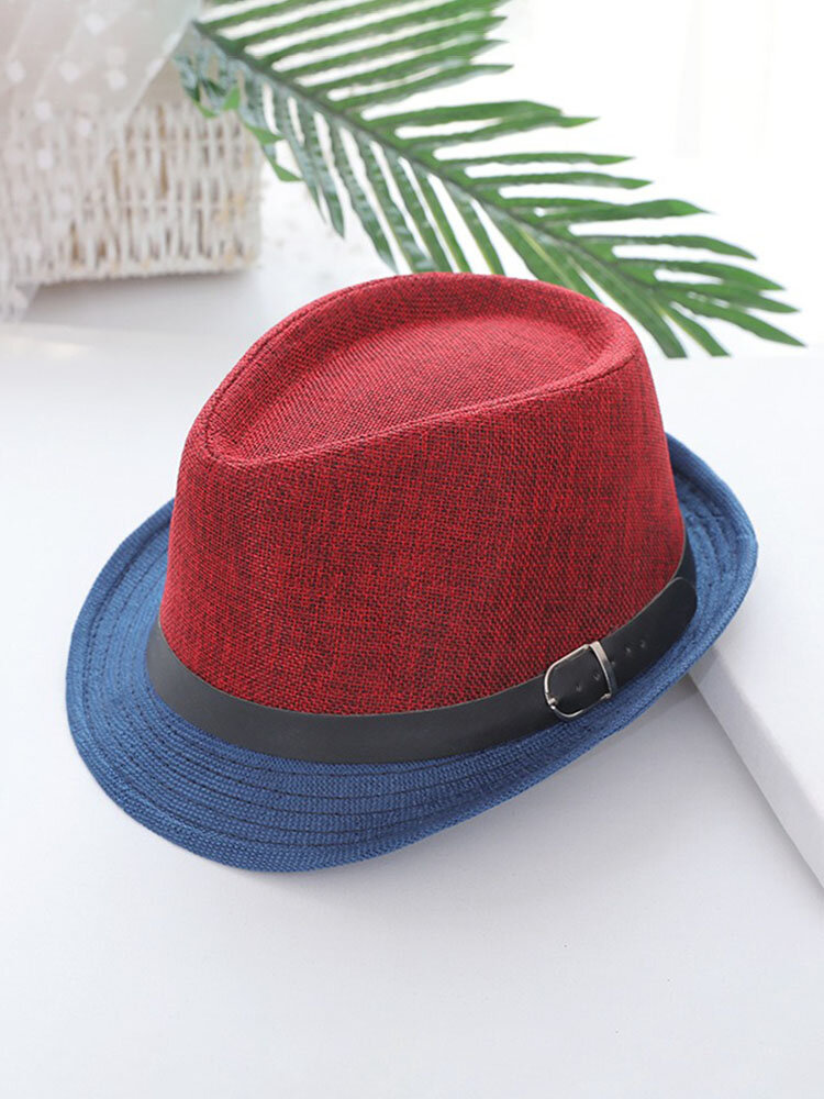 Men Vogue Color Matching Polyester Crimping Jazz Cap Bucket Hat Beach Cap Travel Breathable Sun Hat