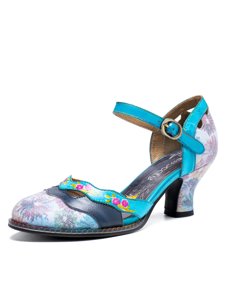 Socofy Genuine Leather Retro Fashion Floral Colorblock Comfy Mary Jane Heels