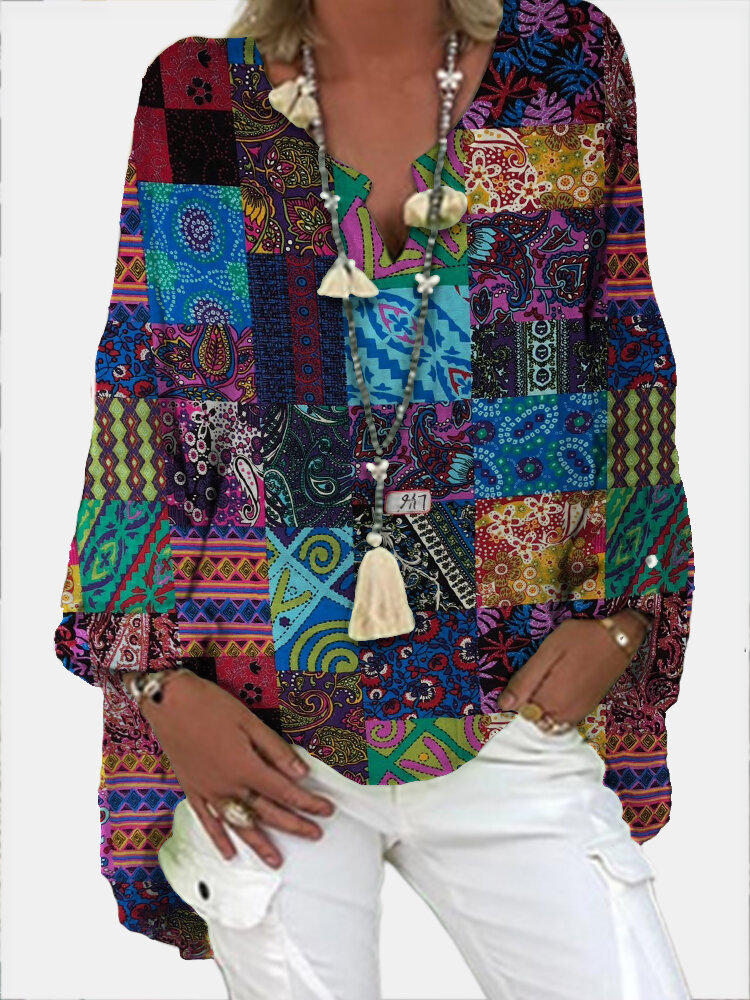 Свободная блузка с V-образным вырезом и длинным рукавом с винтажным принтом